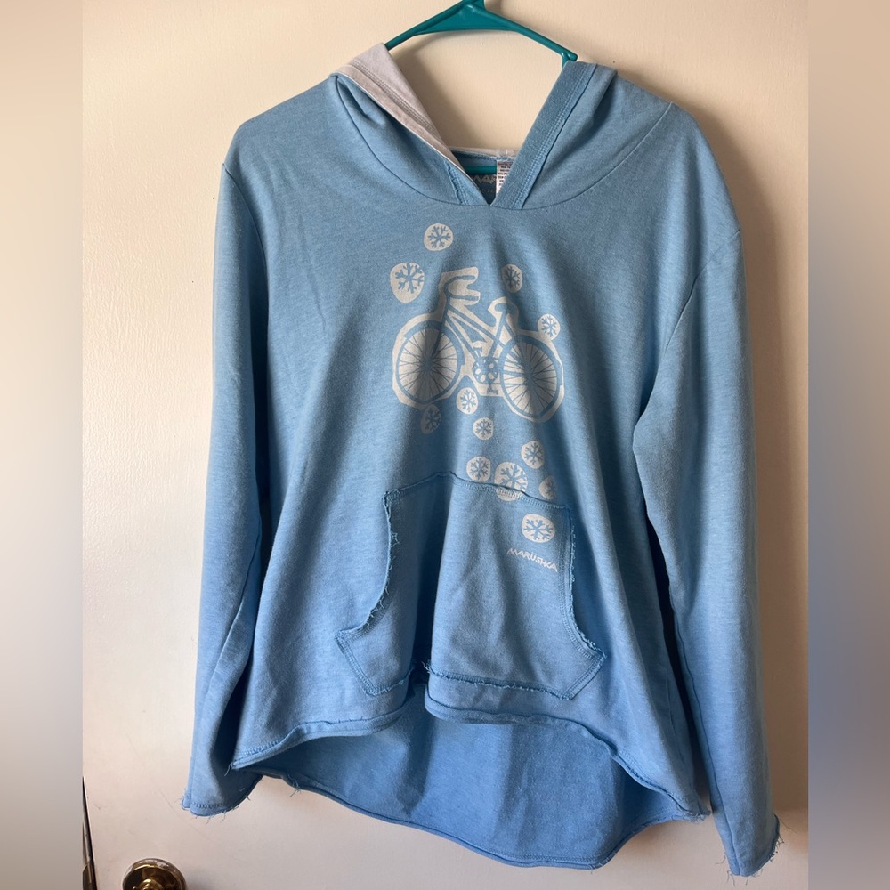Marushka Women’s Light Blue Bike & Snowflake Relaxed Loose Fit Hoodie Size Large